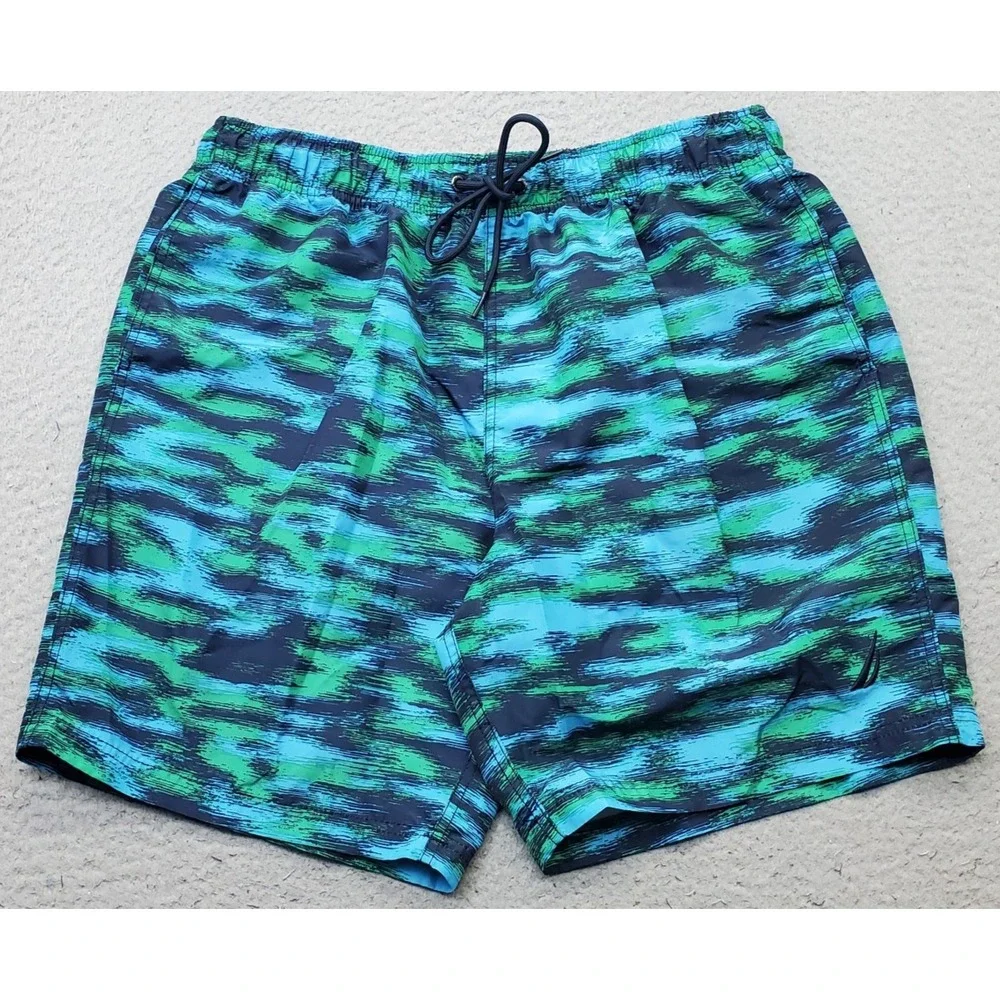 Nautica Swim Shorts Mens L Multi Abstract Pattern Lined Water Polo Drawstring
